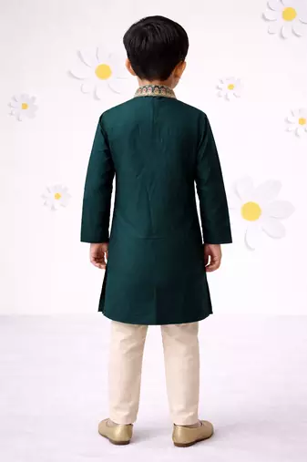 Boys bottle green cotton thread embroidery kurta cream pyjama set