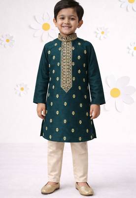 Boys bottle green cotton thread embroidery kurta cream pyjama set 1