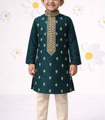 Boys bottle green cotton thread embroidery kurta cream pyjama set
