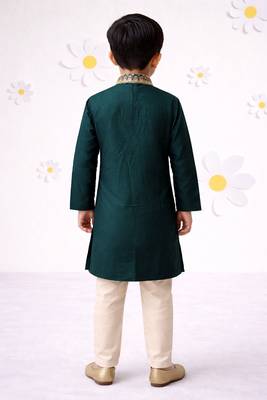 Boys bottle green cotton thread embroidery kurta cream pyjama set 2