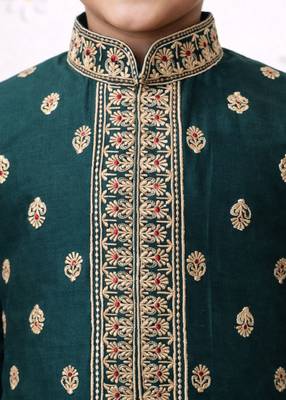 Boys bottle green cotton thread embroidery kurta cream pyjama set 3