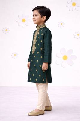 Boys bottle green cotton thread embroidery kurta cream pyjama set 4