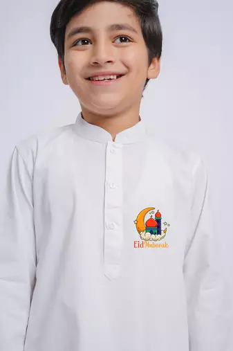 Boys white pure cotton kurta pyjama set with eid mubarak print