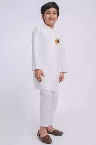 Boys white pure cotton kurta pyjama set with eid mubarak print