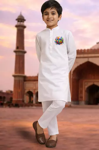 Boys white pure cotton kurta pyjama set with eid mubarak print