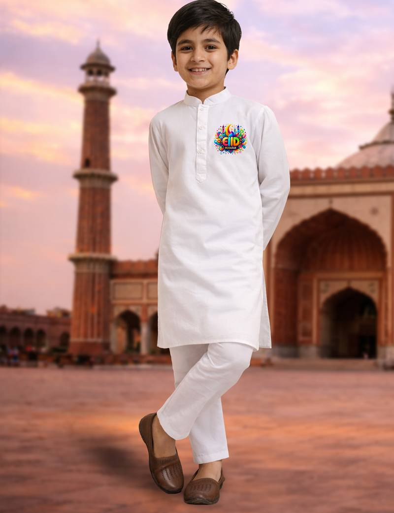 Boys white pure cotton kurta pyjama set with eid mubarak print