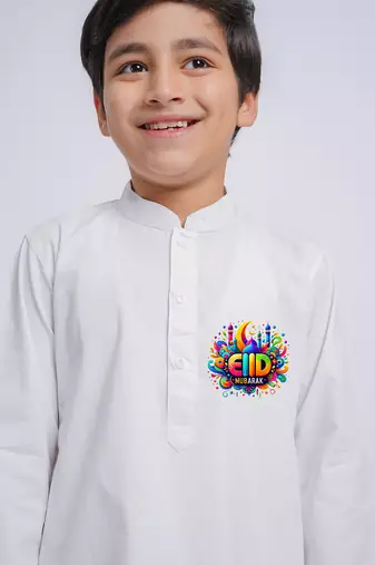 Boys white pure cotton kurta pyjama set with eid mubarak print