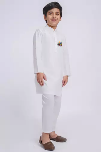 Boys white pure cotton kurta pyjama set with eid mubarak print