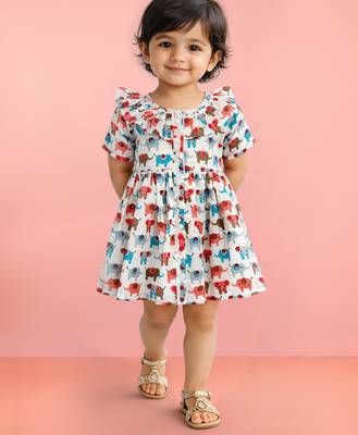 Girls multicolour cotton animal print gathered short sleeve a-line dress 1