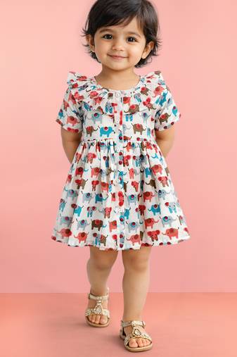 Girls multicolour cotton animal print gathered short sleeve a-line dress