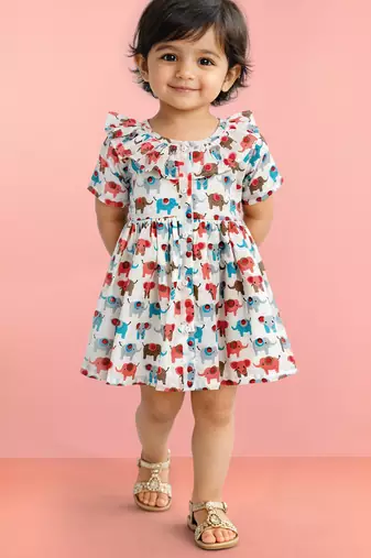 Girls multicolour cotton animal print gathered short sleeve a-line dress