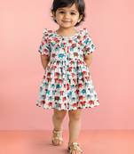 Girls multicolour cotton animal print gathered short sleeve a-line dress