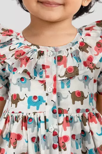 Girls multicolour cotton animal print gathered short sleeve a-line dress