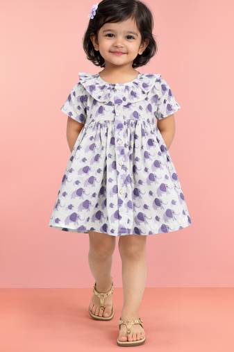 Girls purple cotton animal print gathered short sleeve a-line dress