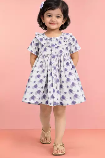 Girls purple cotton animal print gathered short sleeve a-line dress