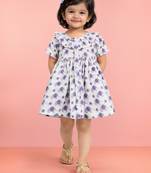 Girls purple cotton animal print gathered short sleeve a-line dress