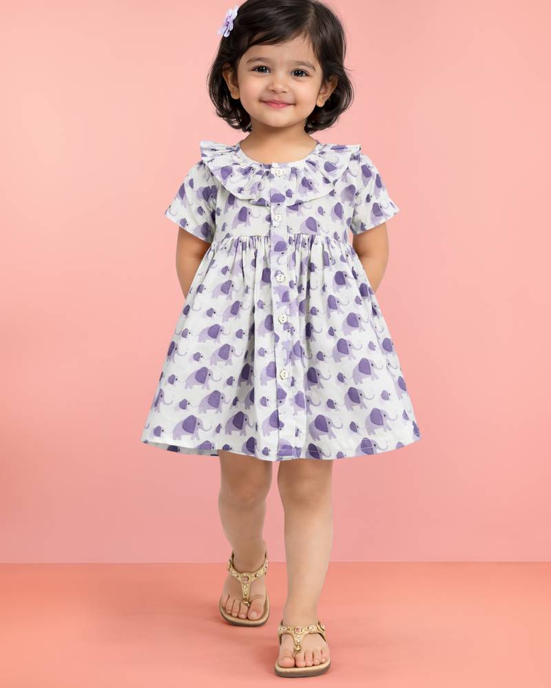 Girls purple cotton animal print gathered short sleeve a-line dress