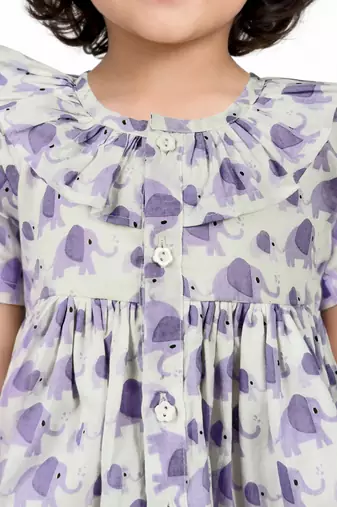 Girls purple cotton animal print gathered short sleeve a-line dress