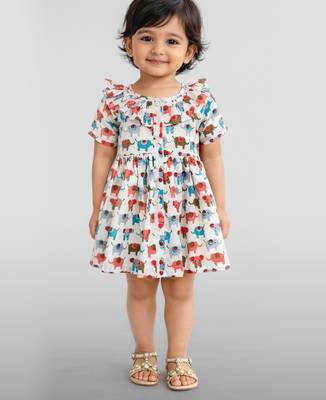 Girls multicolour cotton animal print gathered short sleeve a-line dress 3