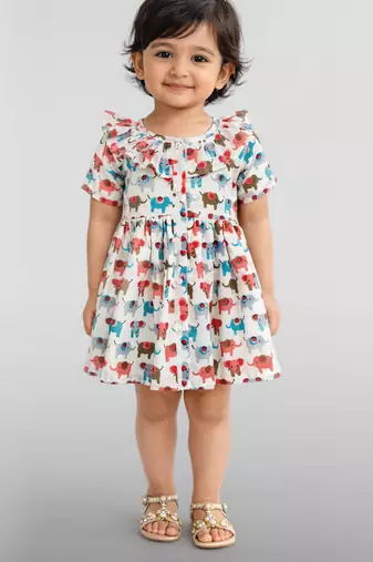 Girls multicolour cotton animal print gathered short sleeve a-line dress