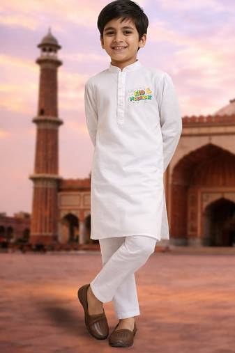 Boys white pure cotton kurta pyjama set with eid mubarak print