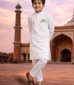 Boys white pure cotton kurta pyjama set with eid mubarak print