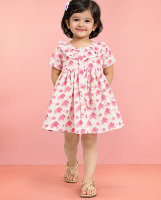 Girls pink cotton animal print gathered short sleeve a-line dress 1