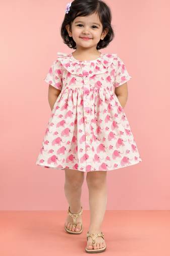 Girls pink cotton animal print gathered short sleeve a-line dress