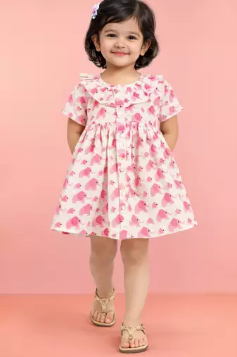 Girls pink cotton animal print gathered short sleeve a-line dress