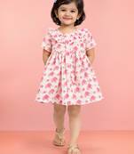 Girls pink cotton animal print gathered short sleeve a-line dress