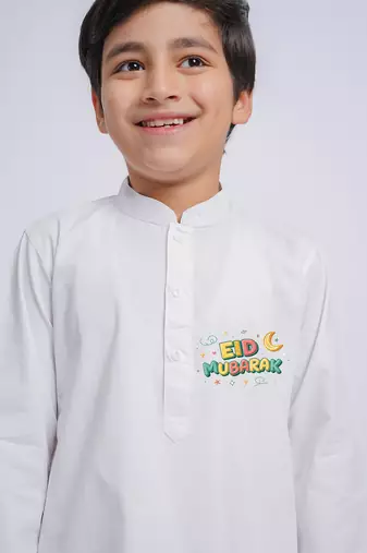 Boys white pure cotton kurta pyjama set with eid mubarak print