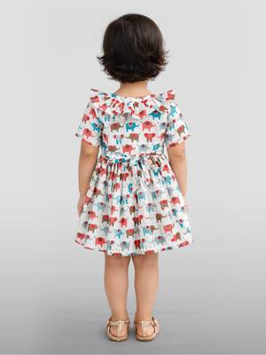 Girls multicolour cotton animal print gathered short sleeve a-line dress 4
