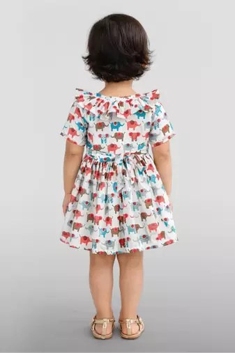 Girls multicolour cotton animal print gathered short sleeve a-line dress