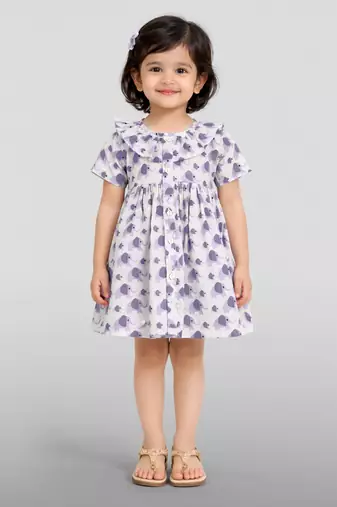 Girls purple cotton animal print gathered short sleeve a-line dress
