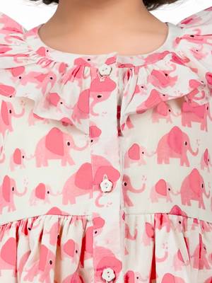 Girls pink cotton animal print gathered short sleeve a-line dress 2