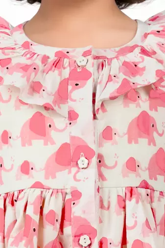 Girls pink cotton animal print gathered short sleeve a-line dress