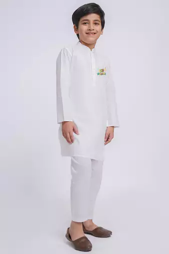 Boys white pure cotton kurta pyjama set with eid mubarak print