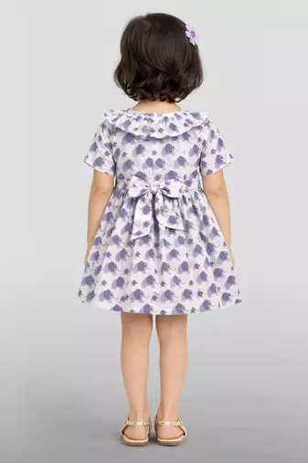 Girls purple cotton animal print gathered short sleeve a-line dress