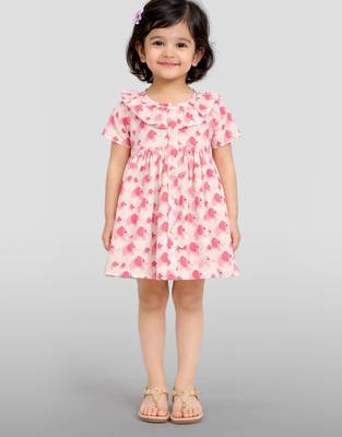 Girls pink cotton animal print gathered short sleeve a-line dress 3