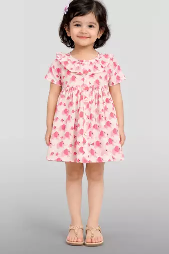 Girls pink cotton animal print gathered short sleeve a-line dress