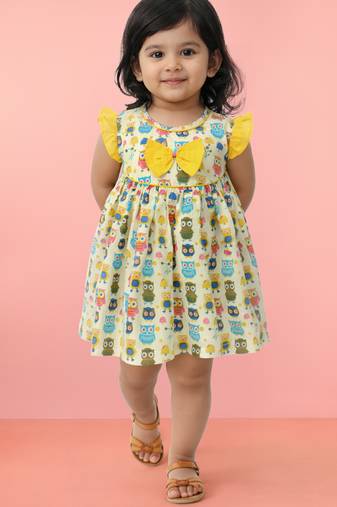 Girls multicolour cotton animal print ruffle sleeve a-line dress