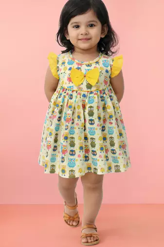 Girls multicolour cotton animal print ruffle sleeve a-line dress