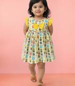 Girls multicolour cotton animal print ruffle sleeve a-line dress