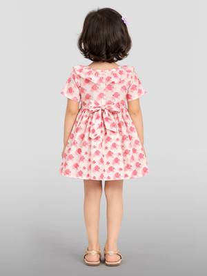 Girls pink cotton animal print gathered short sleeve a-line dress 4