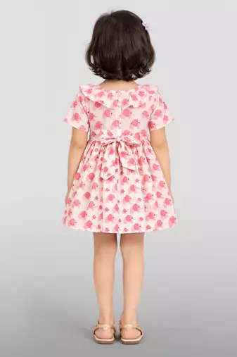 Girls pink cotton animal print gathered short sleeve a-line dress