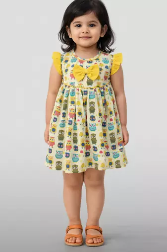 Girls multicolour cotton animal print ruffle sleeve a-line dress