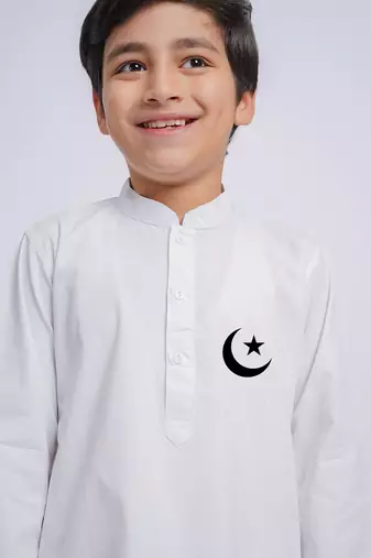 Boys white pure cotton kurta pyjama set with eid mubarak print