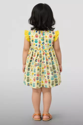 Girls multicolour cotton animal print ruffle sleeve a-line dress