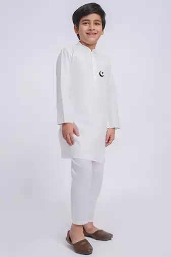 Boys white pure cotton kurta pyjama set with eid mubarak print