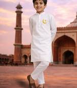 Boys white pure cotton kurta pyjama set with eid mubarak print
